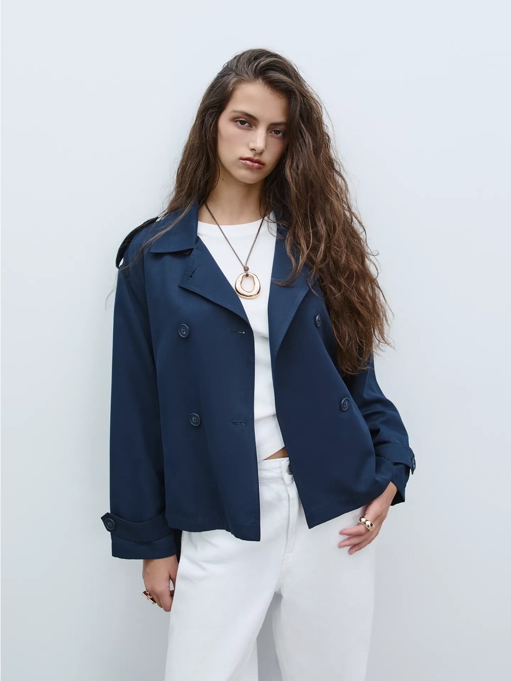 stradivarius Double-Breasted Cropped Trench Coat In Navy Blue